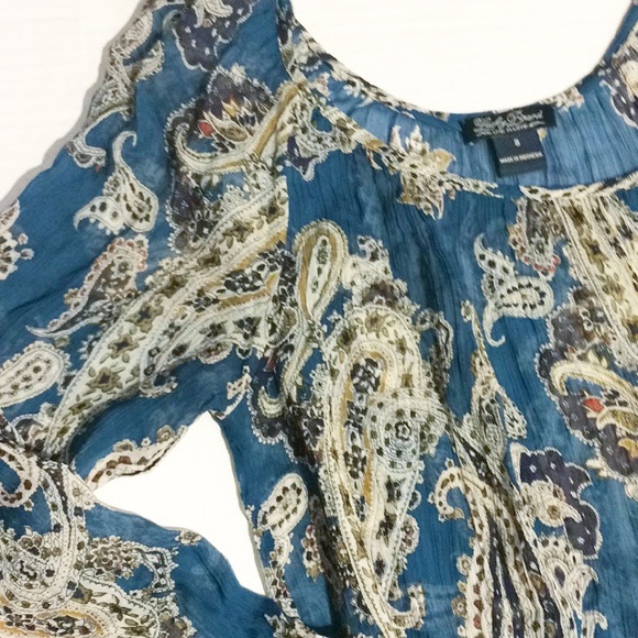 Lucky Brand Blue Cream Puff Sleeve Blouse with Tie Front - Great Condition! - Picture 2 of 3